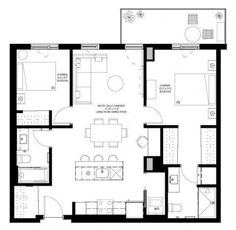 Floor plan for 2 beds, 2 baths, 925 sqft